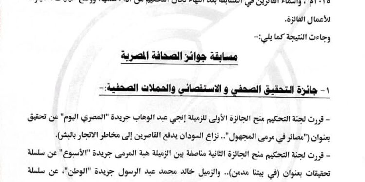 إعلان نتيجة مسابقة جوائز الصحافة المصرية “دورة محمود عوض 2025م”