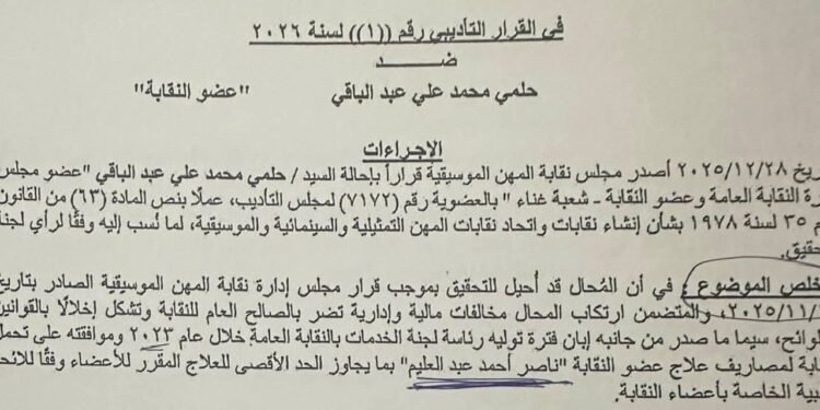 حلمي عبد الباقي ينشر قرار إحالته إلى مجلس التأديب: النية كانت مبيتة لشطبي من نقابة المهن الموسيقية